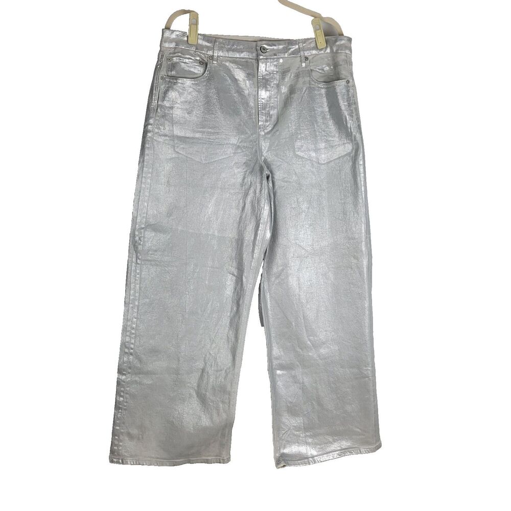 American Eagle Super High Rise Baggy Wide Leg Silver Coated Jeans Size 16 Short